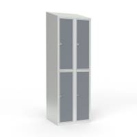 Skoleskab 60x55x190cm, 4 rum, skråt tag, grå døre, hængelåse