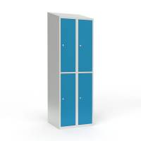 Skoleskab i st&aring;l med 4 rum, skr&aring;t tag og cylinderl&aring;s 60x55x190cm lys bl&aring;