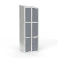 Skoleskab 60x55x190cm, 6 rum, skråt tag, grå døre, cylinderlåse