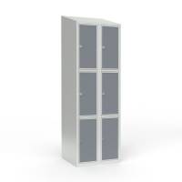 Skoleskab 60x55x190cm, 6 rum, skråt tag, grå døre, hængelåse