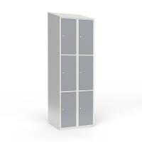 Skoleskab i st&aring;l med 6 rum, skr&aring;t tag og cylinderl&aring;s 60x55x190cm gr&aring;