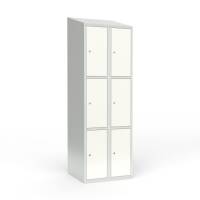 Skoleskab i st&aring;l med 6 rum, skr&aring;t tag og cylinderl&aring;s 60x55x190cm hvid