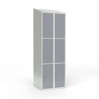 Skoleskab i st&aring;l med 6 rum, skr&aring;t tag og h&aelig;ngel&aring;s 60x55x190cm gr&aring;