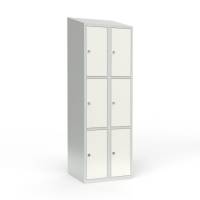 Skoleskab i stål med 6 rum, skråt tag og hængelås 60x55x190cm hvid