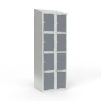 Skoleskab 60x55x190cm, 8 rum, skråt tag, grå døre, hængelåse