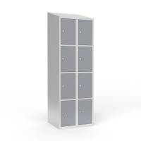 Skoleskab i st&aring;l med 8 rum, skr&aring;t tag og cylinderl&aring;s 60x55x190cm gr&aring;