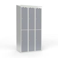 Skoleskab i st&aring;l med 6 rum, skr&aring;t tag og cylinderl&aring;s 90x55x190cm gr&aring;