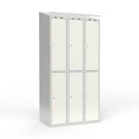 Skoleskab i st&aring;l med 6 rum, skr&aring;t tag og cylinderl&aring;s 90x55x190cm hvid