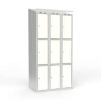 Skoleskab 90x55x190cm, 9 rum, skråt tag, hvide døre, cylinderlåse