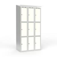 Skoleskab 90x55x190cm, 9 rum, skr&aring;t tag, hvide d&oslash;re, h&aelig;ngel&aring;se