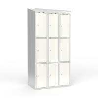 Skoleskab i st&aring;l med 9 rum, skr&aring;t tag og cylinderl&aring;s 90x55x190cm hvid