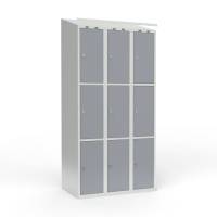 Skoleskab i stål med 9 rum, skråt tag og hængelås 90x55x190cm grå