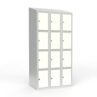 Skoleskab 90x55x190cm, 12 rum, skråt tag, hvide døre, hængelåse