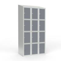 Skoleskab 90x55x190cm, 12 rum, skr&aring;t tag, gr&aring; d&oslash;re, h&aelig;ngel&aring;se