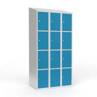 Skoleskab i st&aring;l med 12 rum, skr&aring;t tag og h&aelig;ngel&aring;s 90x55x190cm lys bl&aring;