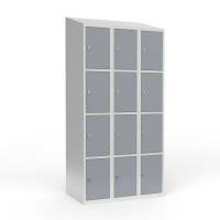 Skoleskab i st&aring;l med 12 rum, skr&aring;t tag og h&aelig;ngel&aring;s 90x55x190cm gr&aring;