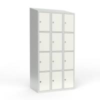 Skoleskab i st&aring;l med 12 rum, skr&aring;t tag og h&aelig;ngel&aring;s 90x55x190cm hvid