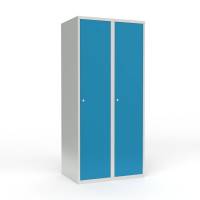 Skoleskab i stål med 2 rum, lige tag og cylinderlås 80x55x175cm lys blå