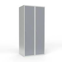 Skoleskab i st&aring;l med 2 rum, lige tag og h&aelig;ngel&aring;s 80x55x175cm gr&aring;