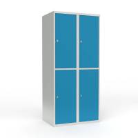 Skoleskab i stål med 4 rum, lige tag og hængelås 80x55x175cm lys blå