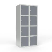 Skoleskab 80x55x175cm, 8 rum, lige tag, grå døre, hængelåse
