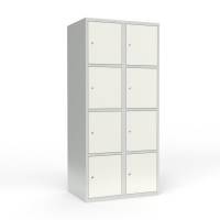 Skoleskab i st&aring;l med 8 rum, lige tag og cylinderl&aring;s 80x55x175cm hvid
