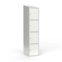 Skoleskab i stål med 4 rum, skråt tag og hængelås 40x55x190cm hvid
