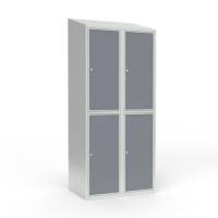 Skoleskab 80x55x190cm, 4 rum, skråt tag, grå døre, cylinderlåse