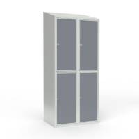 Skoleskab 80x55x190cm, 4 rum, skråt tag, grå døre, hængelåse