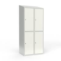 Skoleskab i stål med 4 rum, skråt tag og hængelås 80x55x190cm hvid
