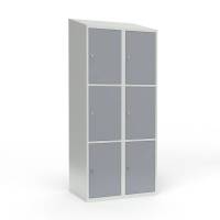 Skoleskab i stål med 6 rum, skråt tag og hængelås 80x55x190cm grå