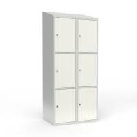 Skoleskab i stål med 6 rum, skråt tag og hængelås 80x55x190cm hvid