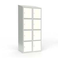 Skoleskab 80x55x190cm, 8 rum, skråt tag, hvide døre, cylinderlåse