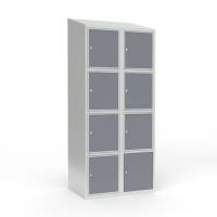 Skoleskab 80x55x190cm, 8 rum, skråt tag, grå døre, cylinderlåse