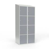 Skoleskab i st&aring;l med 8 rum, skr&aring;t tag og cylinderl&aring;s 80x55x190cm gr&aring;