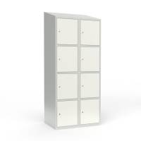 Skoleskab i st&aring;l med 8 rum, skr&aring;t tag og cylinderl&aring;s 80x55x190cm hvid