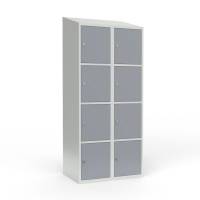 Skoleskab i st&aring;l med 8 rum, skr&aring;t tag og h&aelig;ngel&aring;s 80x55x190cm gr&aring;