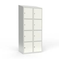 Skoleskab i st&aring;l med 8 rum, skr&aring;t tag og h&aelig;ngel&aring;s 80x55x190cm hvid