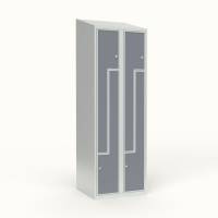 Skoleskab 60x55x190cm, 4 rum, skr&aring;t tag, gr&aring; Z-d&oslash;re, cylinderl&aring;se