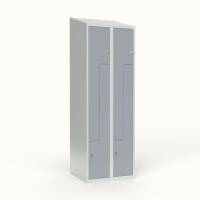 Skoleskab 60x55x190cm, skr&aring;t tag, 4 gr&aring; Z-st&aring;ld&oslash;re, h&aelig;ngel&aring;se