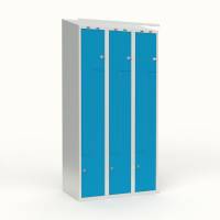 Skoleskab 90x55x190cm, skr&aring;t tag, 6 bl&aring; Z-st&aring;ld&oslash;re, h&aelig;ngel&aring;se