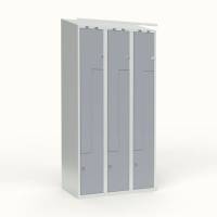 Skoleskab 90x55x190cm, skr&aring;t tag, 6 gr&aring; Z-st&aring;ld&oslash;re, h&aelig;ngel&aring;se