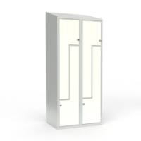 Skoleskab 80x55x190cm, 4 rum, skr&aring;t tag, hvide Z-d&oslash;re, h&aelig;ngel&aring;se