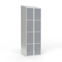 Skoleskab i st&aring;l med 8 rum, skr&aring;t tag og h&aelig;ngel&aring;s 60x55x190cm gr&aring;