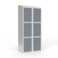 Skoleskab 80x55x190cm, 6 rum, skråt tag, grå døre, cylinderlåse