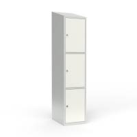 Skoleskab i st&aring;l med 3 rum, skr&aring;t tag og h&aelig;ngel&aring;s 40x55x190cm hvid