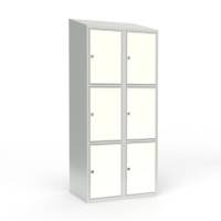 Skoleskab 80x55x190cm, 6 rum, skråt tag, hvide døre, hængelåse