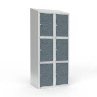 Skoleskab 80x55x190cm, 6 rum, skråt tag, sorte døre, hængelåse