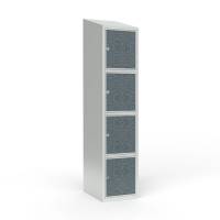 Skoleskab 40x55x190cm, 4 rum, skråt tag, sorte døre, hængelåse