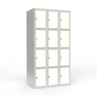 Skoleskab 90x55x175cm, 12 rum, lige tag, hvide døre, hængelåse